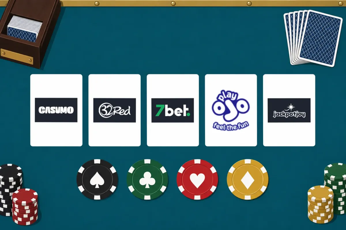 Five playing cards dealt face up on a casino table, each with a checked casino's logo: Casumo, 32Red, 7Bet, PlayOJO and Jackpotjoy; four suit chips below and a face-down stack aside